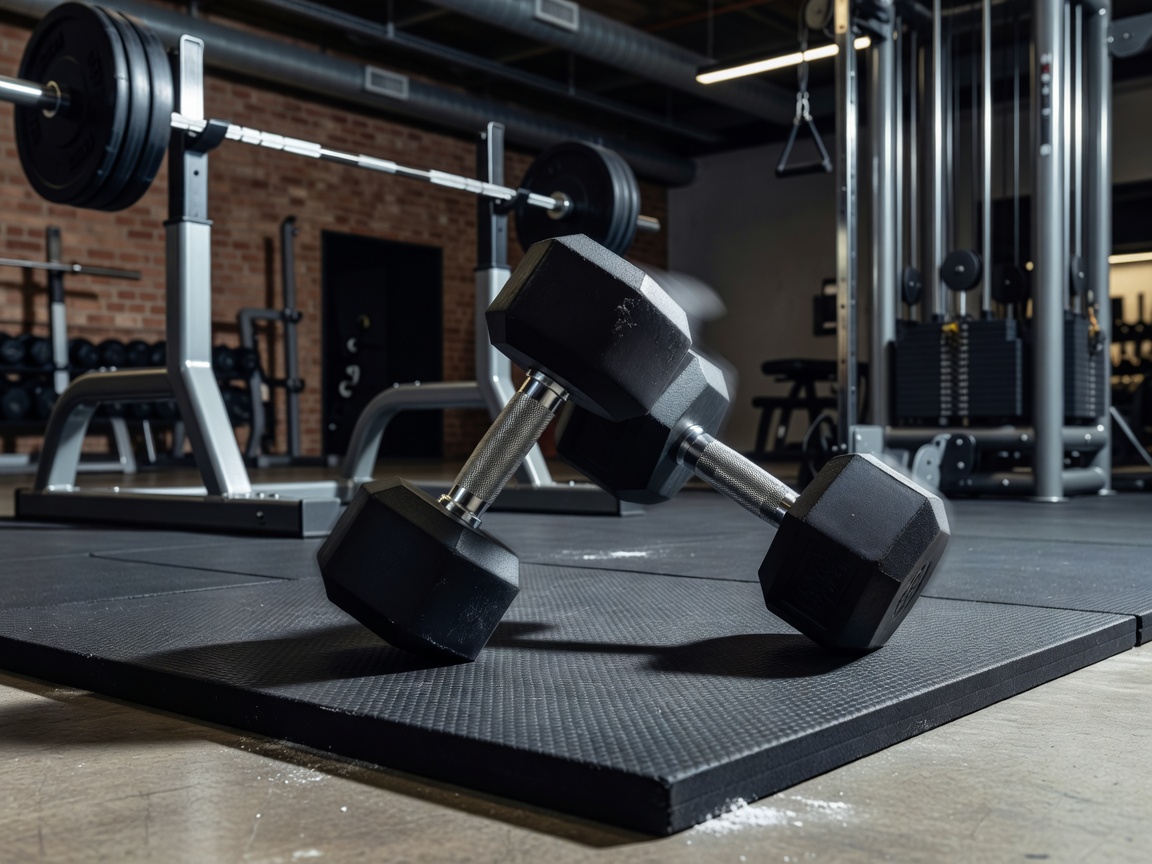 Detail view of dumbbells in dynamic fitness setup