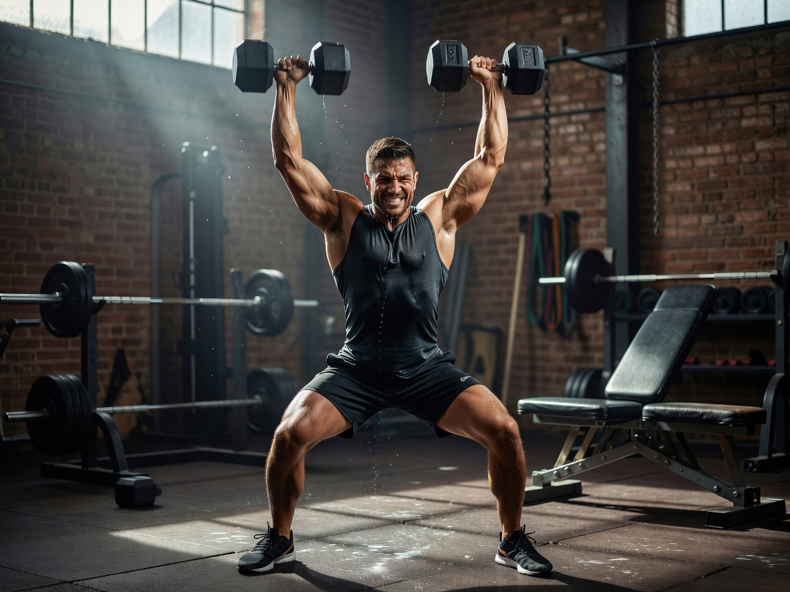Athlete executing heavy dumbbell press workout challenge